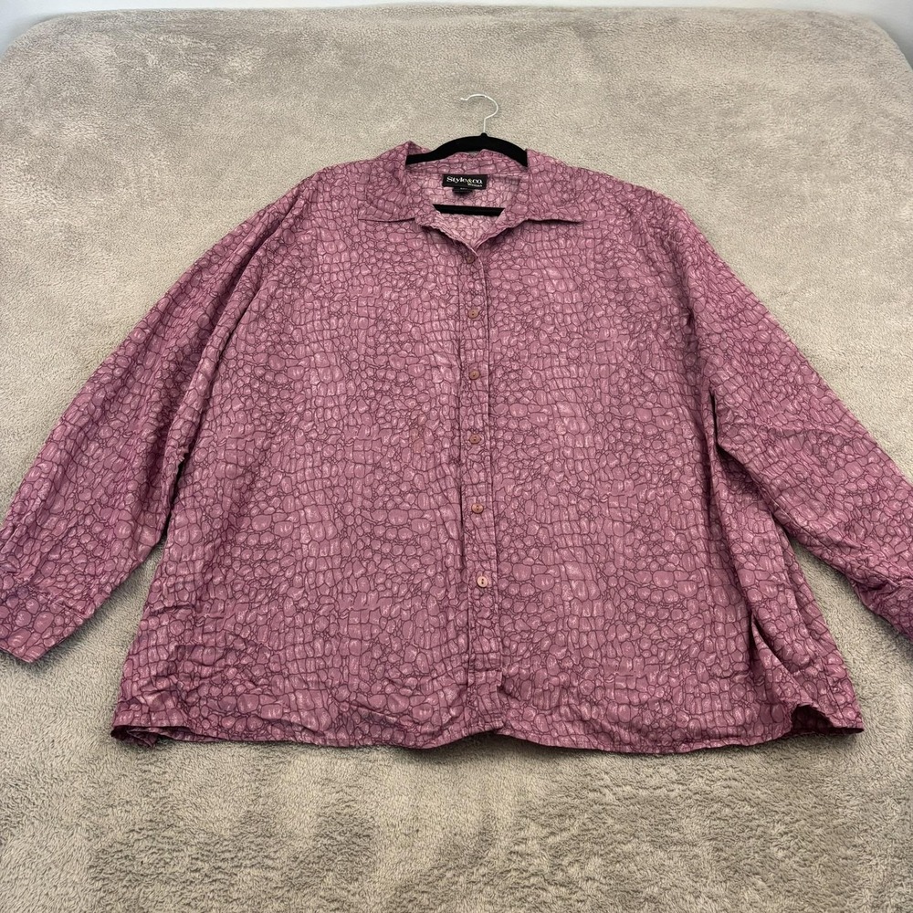 Style & Co Button Front Shirt Womens 24W Purple‎ Croc Print Long Sleeve Mature